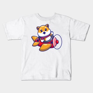 Cute baby shiba inu dog driving plane cartoon Kids T-Shirt